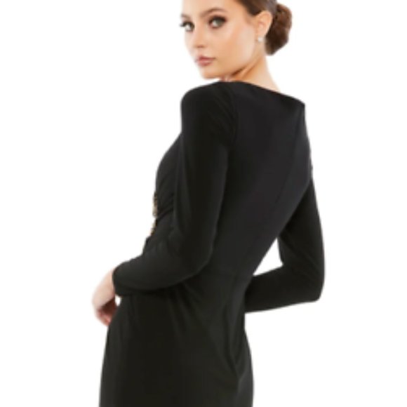 MAC DUGGAL 67848 FAUX WRAP LONG SLEEVE APPLIQUE DETAIL BLACK GOWN sz 10 - Picture 5 of 7